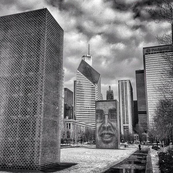 America Poster featuring the photograph Chicago Crown Fountain Black and White Photo by Paul Velgos