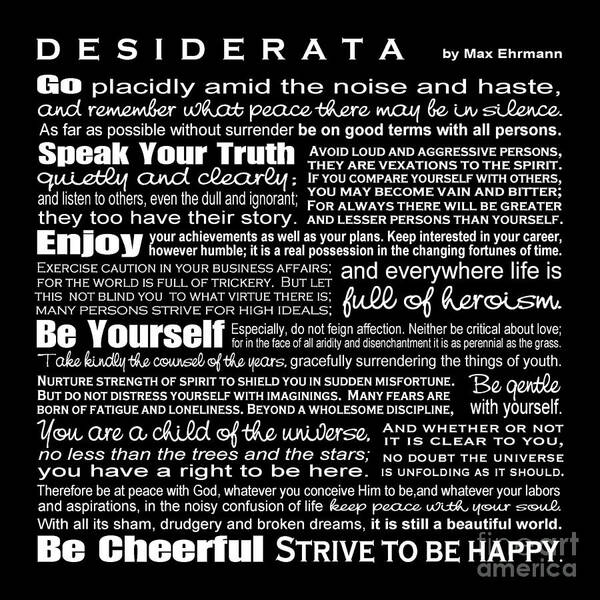Desiderata Poster featuring the digital art Desiderata - White Text on Black Background - Reversed Type by Ginny Gaura