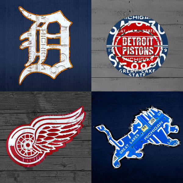 Detroit Poster featuring the mixed media Detroit Sports Fan Recycled Vintage Michigan License Plate Art Tigers Pistons Red Wings Lions by Design Turnpike