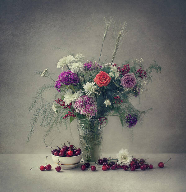 Still Life Poster featuring the photograph Flowers And Cherries by Dimitar Lazarov -