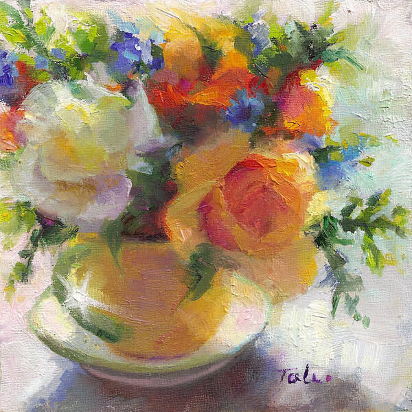 Roses Poster featuring the painting Fresh - Roses in teacup by Talya Johnson