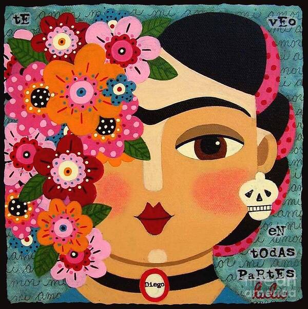 Frida Poster featuring the painting Frida Kahlo with Flowers and Skull by Andree Chevrier