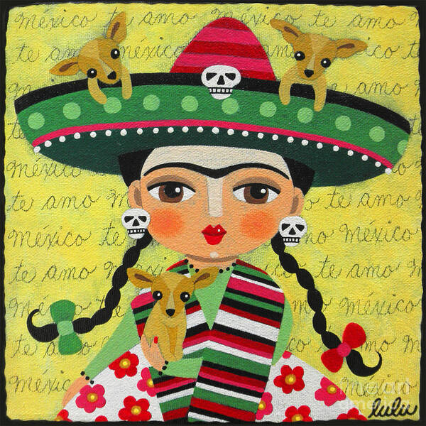 Frida Poster featuring the painting Frida Kahlo with Sombrero and Chihuahuas by Andree Chevrier
