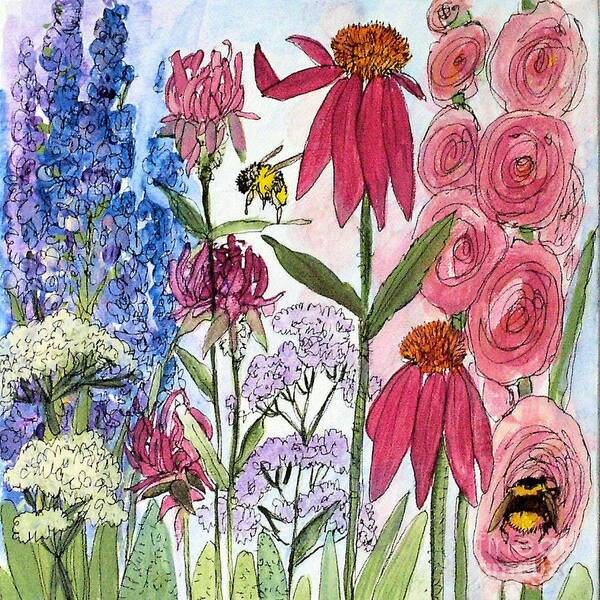 Acrylic On Canvas Poster featuring the painting Garden Flower and Bees by Laurie Rohner