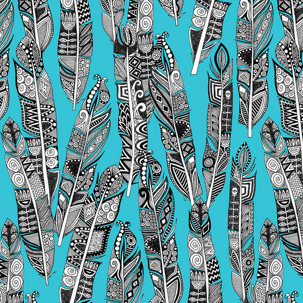 Feather Poster featuring the drawing Geo Feathers Turquoise Blue by MGL Meiklejohn Graphics Licensing
