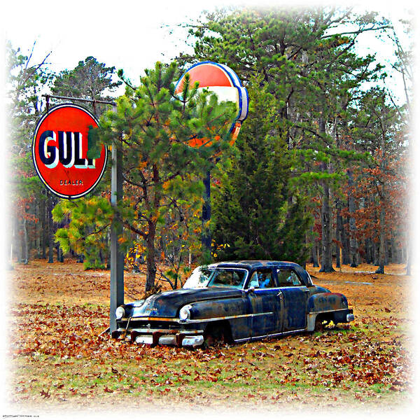 Gulf Station Poster featuring the digital art GULF Station Old Chrysler by K Scott Teeters