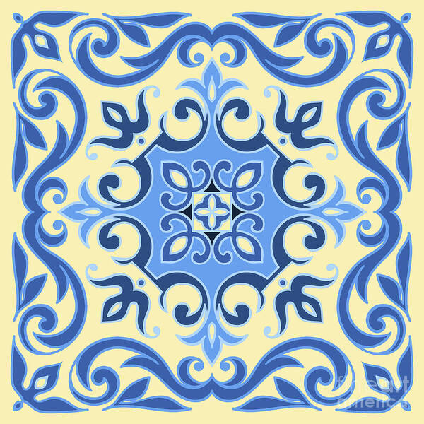 Ceramic Poster featuring the digital art Hand Drawing Tile Pattern In Blue by Zinaida Zaiko