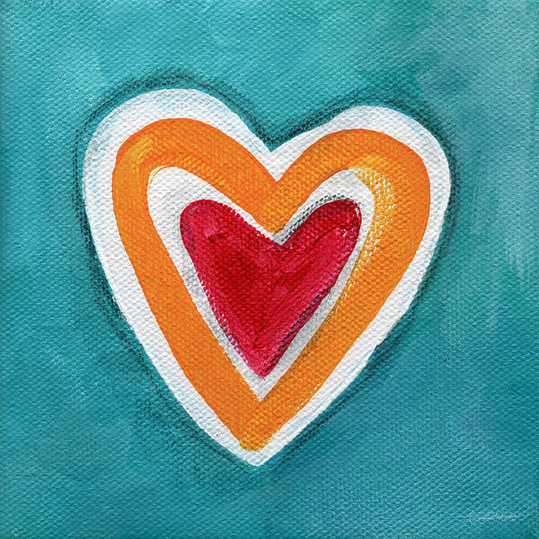 Love Hearts Romance Family Valentine Painting Heart Painting Blue Orange White Red Watercolor Ink Pop Art Bold Colors Bedroom Art Kitchen Art Living Room Art Gallery Wall Art Art For Interior Designers Hospitality Art Set Design Wedding Gift Art By Linda Woods Kids Room Art Dorm Room Pillow Poster featuring the painting Happy Love by Linda Woods