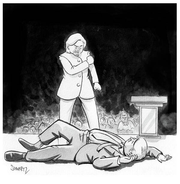 Cartoon Poster featuring the drawing Hillary Clinton Knocks Out Donald Trump by Benjamin Schwartz