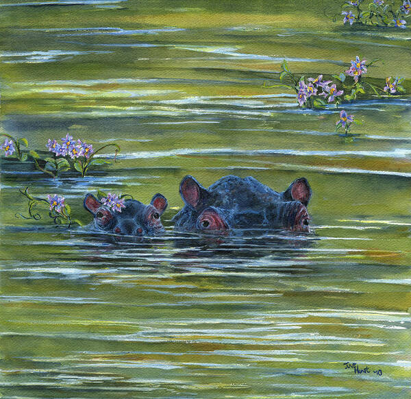 Hippo Poster featuring the painting Hippos and Hyacinths by June Hunt