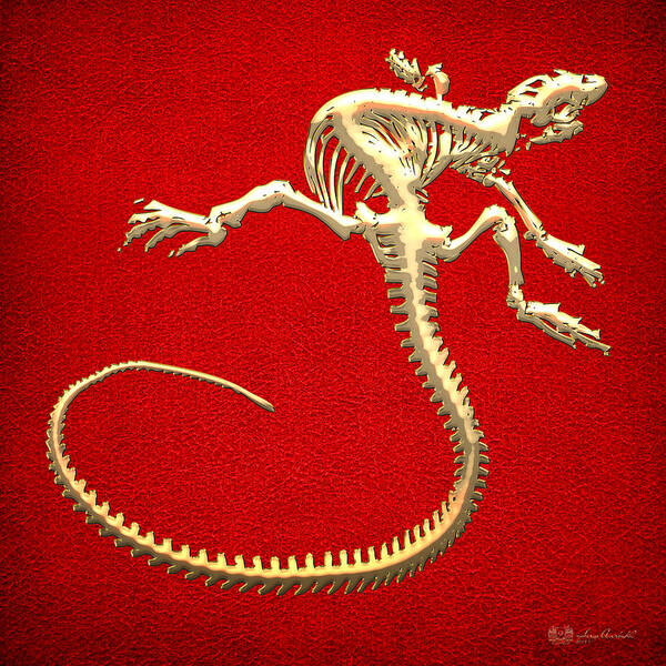'precious Bones' Collection By Serge Averbukh Poster featuring the digital art Iguana Skeleton in Gold on Red by Serge Averbukh