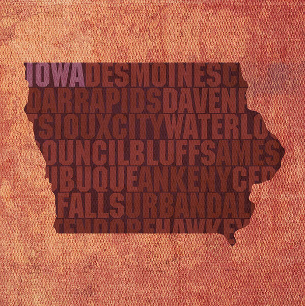 Iowa Word Art State Map On Canvas Poster featuring the mixed media Iowa Word Art State Map on Canvas by Design Turnpike