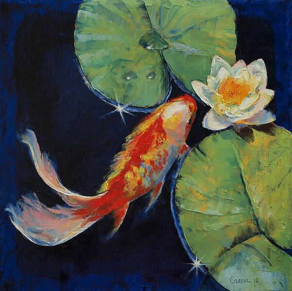 White Lily Poster featuring the painting Koi and White Lily by Michael Creese