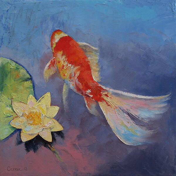 Koi Poster featuring the painting Koi on Blue and Mauve by Michael Creese