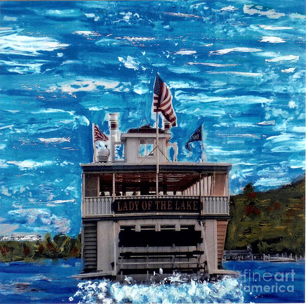 This Is An Award Winning Piece For Mixed Media From The Geneva Lakes Art Assn.(glaa)  the Lady Is A Replica Of A Mississippi Paddle Wheel Steamer From 1873. In The Victorian Style Poster featuring the mixed media LADY OF THE LAKE Geneva Lake WI by Jane Butera Borgardt