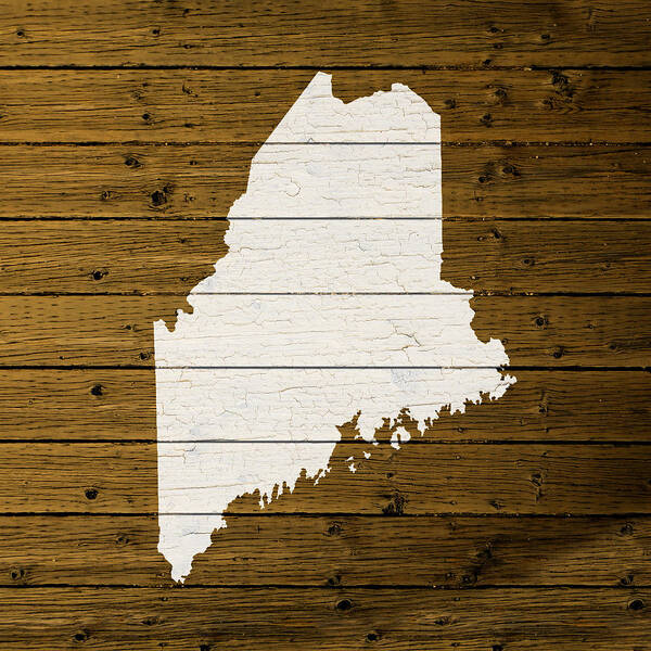 Map Poster featuring the mixed media Map Of Maine State Outline White Distressed Paint On Reclaimed Wood Planks. by Design Turnpike