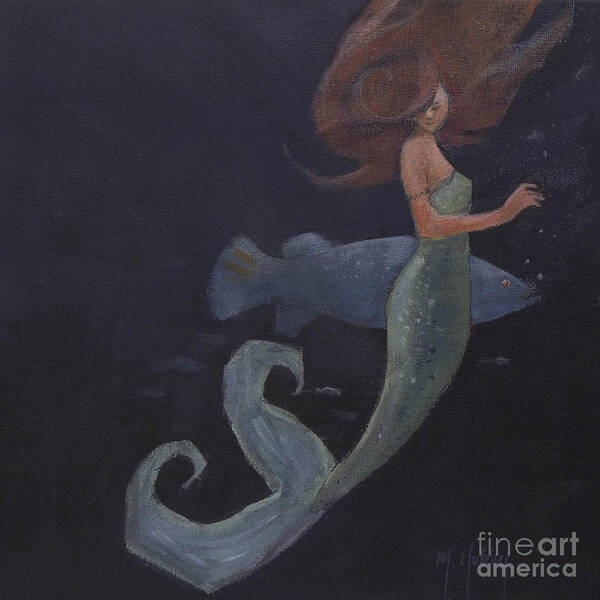 Mermaid Poster featuring the painting Mermaid and the Blue Fish by Mary Hubley