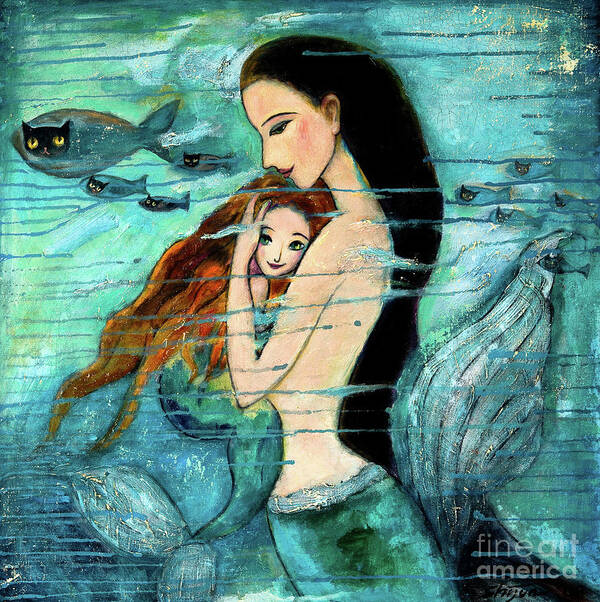 Mermaid Art Poster featuring the painting Mermaid Mother and Child by Shijun Munns