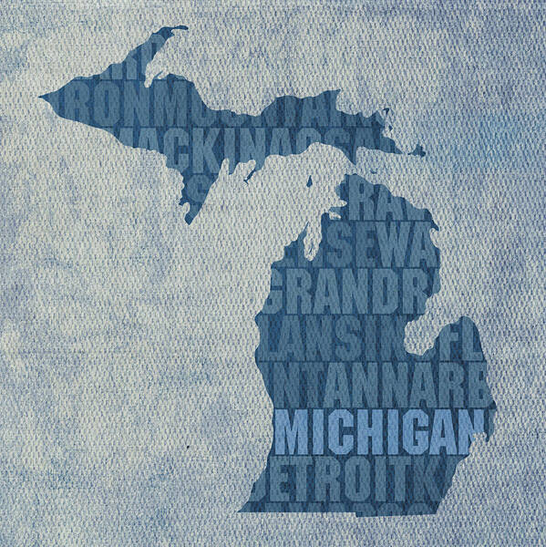 Michigan Great Lake State Word Art On Canvas Poster featuring the mixed media Michigan Great Lake State Word Art on Canvas by Design Turnpike