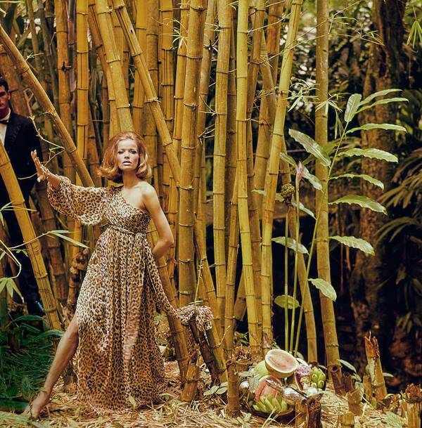 Fashion Poster featuring the photograph Model Wearing A Galanos Dress In Front Of Bamboo by Henry Clarke