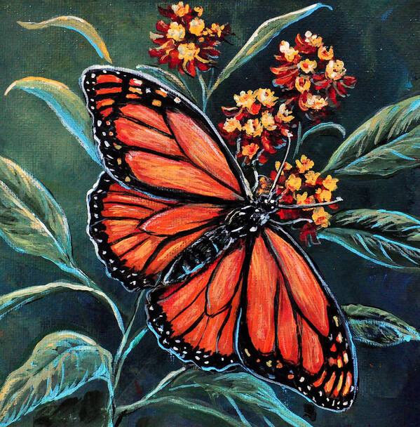 Nature Butterfly Wings Monarch Flower Lantana Poster featuring the painting Monarch by Gail Butler