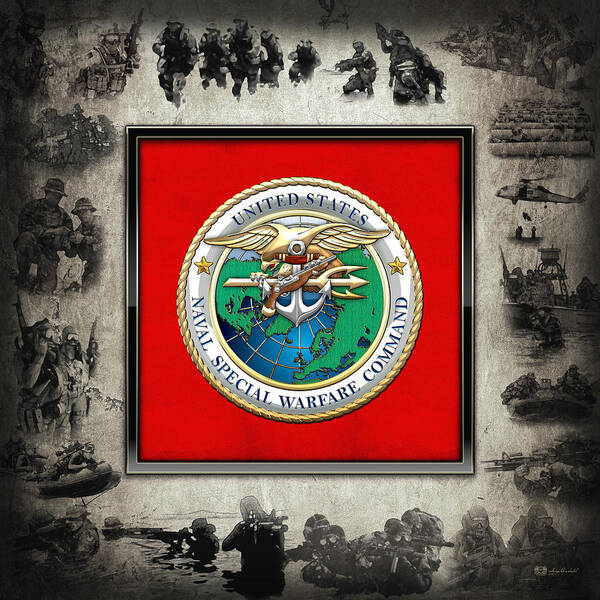 'military Insignia & Heraldry - Nswc' Collection By Serge Averbukh Poster featuring the digital art Naval Special Warfare Command - N S W C - Emblem over Navy SEALs Collage by Serge Averbukh