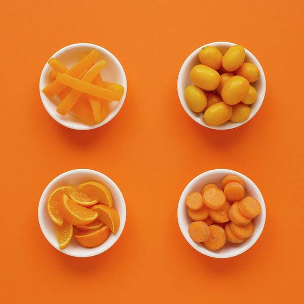 Close Up Poster featuring the photograph Orange Produce In Dishes by Science Photo Library