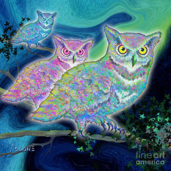 Owls At Midnight Poster featuring the painting Owls at Midnight Square by Teresa Ascone