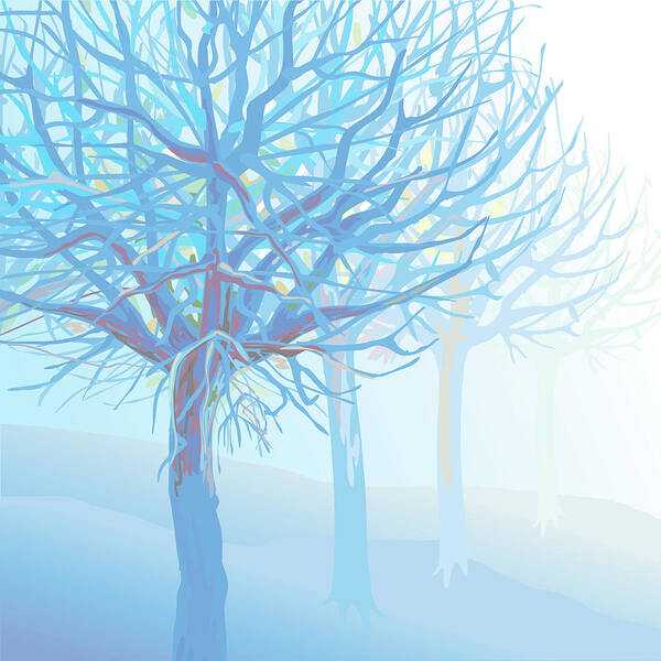 Scenics Poster featuring the digital art Pastel Blue Trees And Branches In Foggy by Charles Harker