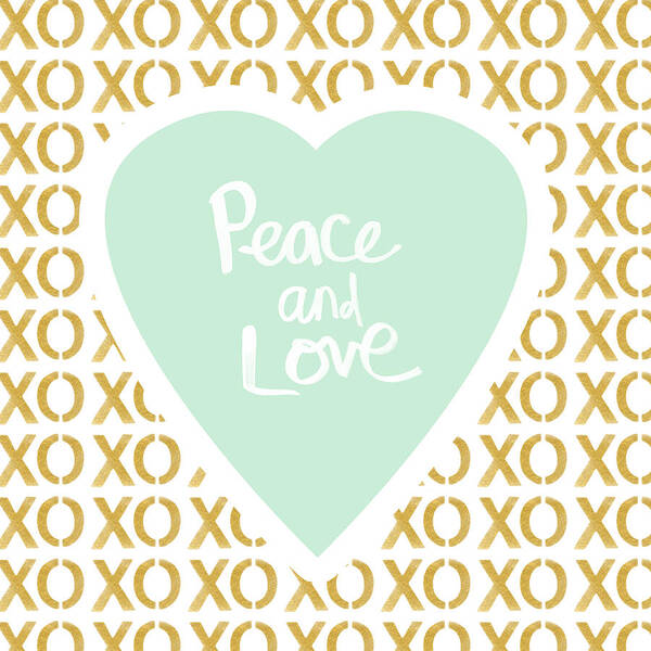 Peace Poster featuring the mixed media Peace and Love in Aqua and Gold by Linda Woods