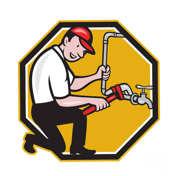 Plumber Poster featuring the digital art Plumber Repair Faucet Tap Cartoon by Aloysius Patrimonio