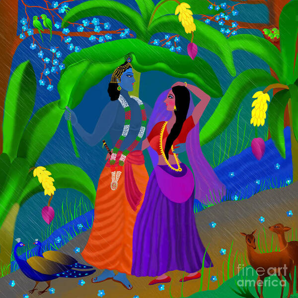 Radha Krsna Painting Poster featuring the digital art Radha Likes Rain by Latha Gokuldas Panicker