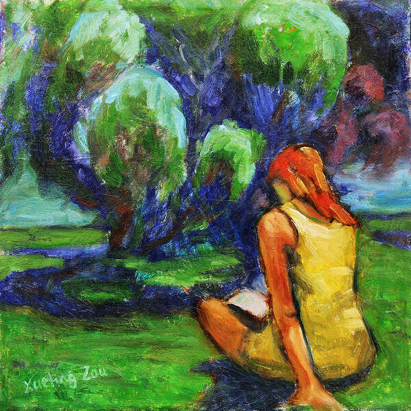 Figurative Poster featuring the painting Reading in a Park by Xueling Zou