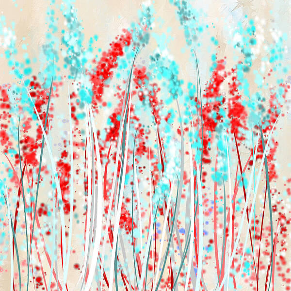 Yellow Poster featuring the painting Red And Teal Fields by Lourry Legarde