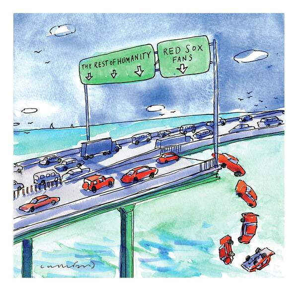 Red Sox Poster featuring the drawing Red Cars Drop Off A Bridge Under A Sign That Says by Michael Crawford
