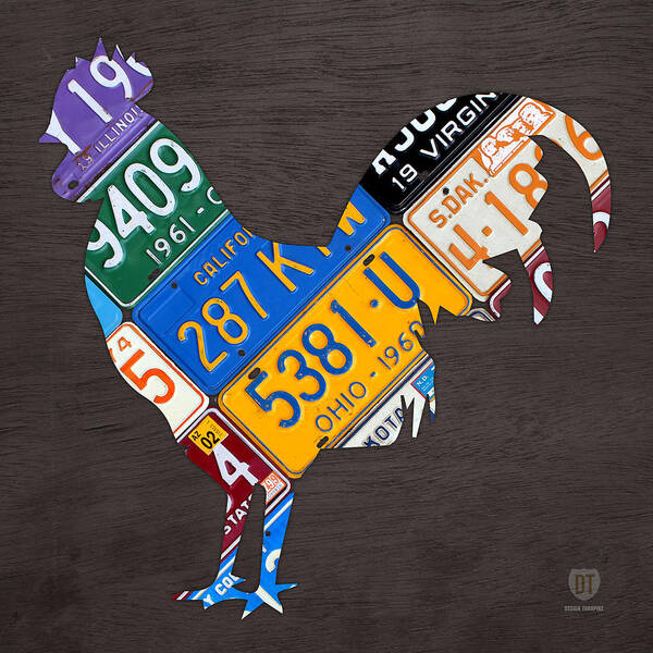 Rooster Poster featuring the mixed media Rooster Recycled License Plate Art on Gray Wood by Design Turnpike