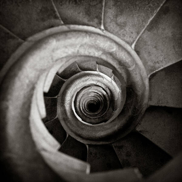 La Sagrada Familia Basilica Antoni Gaudi Spiral Steps Spiral Staircase Cathedral Architecture Barcelona Spiral Steps Stairs Stairway Stairwell Looking Down Landmark Famous Abstract Shapes Shell Design Catalonia Spain Stone Toned Gothic Church Holy Religion Staircase Tower Curve Perspective Snail Structure Swirl Geometric Circle Pattern View Sagrada Familia Down Floor Inside Turning Twisted Circular Old Monochrome Sepia Dave Bowman Photography Poster featuring the photograph Sagrada Familia Steps by Dave Bowman