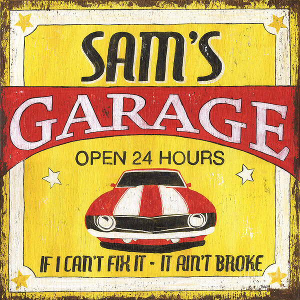 Sam Poster featuring the painting Sam's Garage by Debbie DeWitt