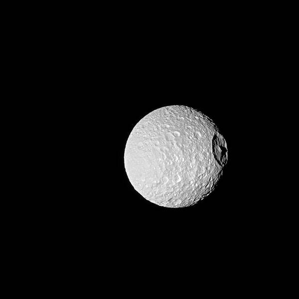 Mimas Poster featuring the photograph Saturn's Moon Mimas by Nasa/jpl-caltech/space Science Institute/science Photo Library