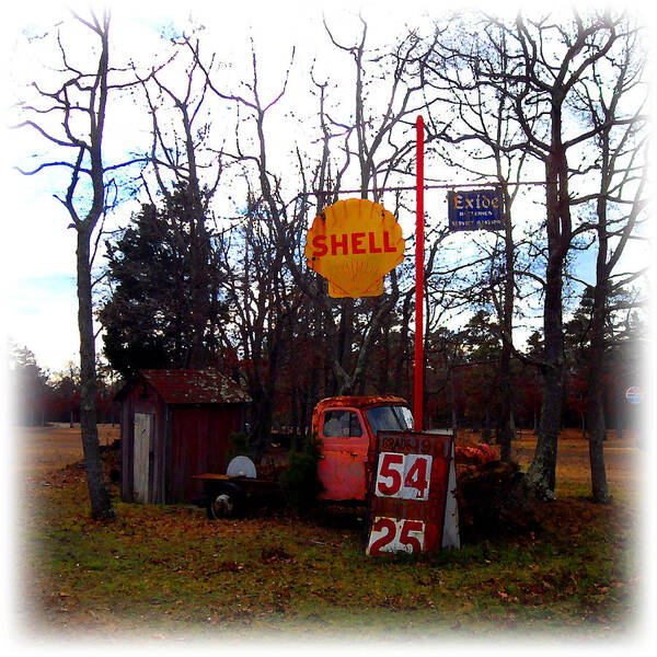 Service Station Trucks Poster featuring the digital art Shell Gas Station and Out House by K Scott Teeters
