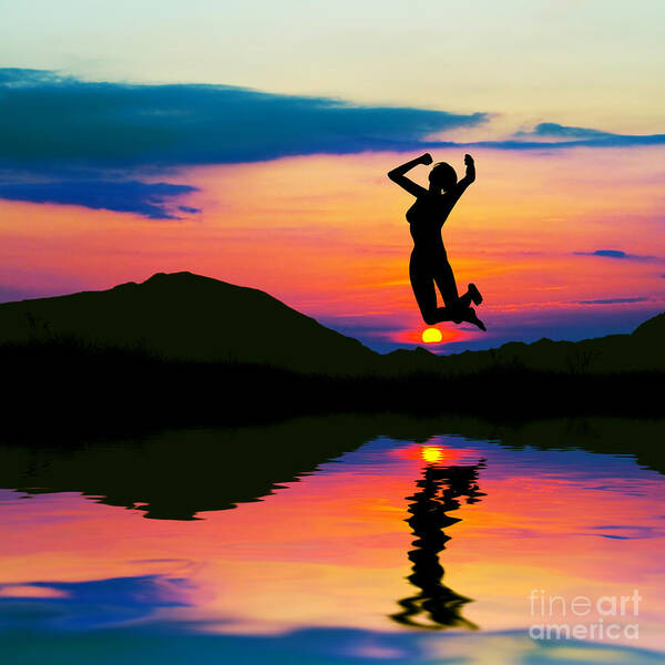 Victory Poster featuring the photograph Silhouette of happy woman jumping at sunset by Michal Bednarek