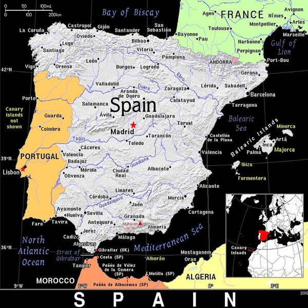 Spain Poster featuring the mixed media Spain Exotic Map by Florene Welebny