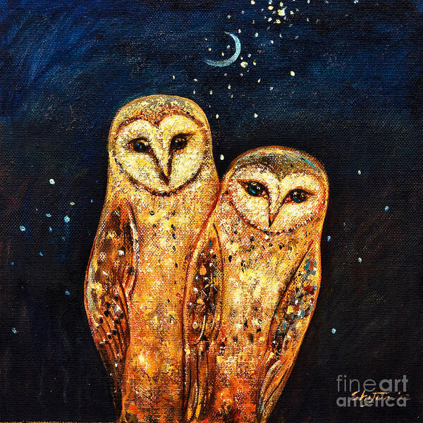 Owl Poster featuring the painting Starlight Owls by Shijun Munns