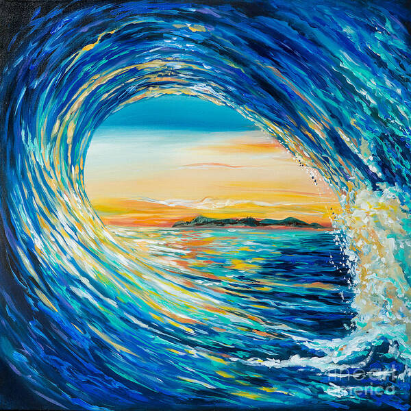 Surf Poster featuring the painting Sunset curl by Linda Olsen