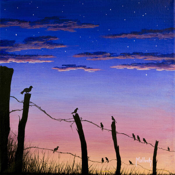 Barbwire Fence Poster featuring the painting The Birds - Morning Has Broken by Jack Malloch