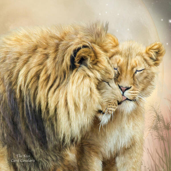 Lion Poster featuring the mixed media The Kiss by Carol Cavalaris