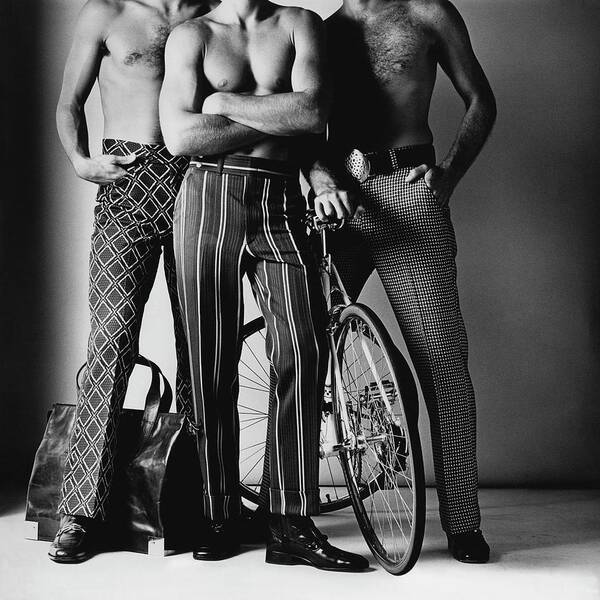 Fashion Poster featuring the photograph Three Male Models Wearing Patterned Trousers by Ken Haak