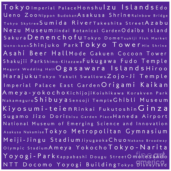 City Poster featuring the digital art Tokyo in Words Purple by Sabine Jacobs