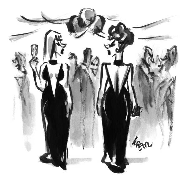 Women's Clothing Poster featuring the drawing Two Women Wearing The Same Dress At A Cocktail by Lee Lorenz