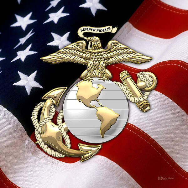 'military Insignia & Heraldry 3d' Collection By Serge Averbukh Poster featuring the digital art U. S. Marine Corps - U S M C Eagle Globe and Anchor over American Flag. by Serge Averbukh